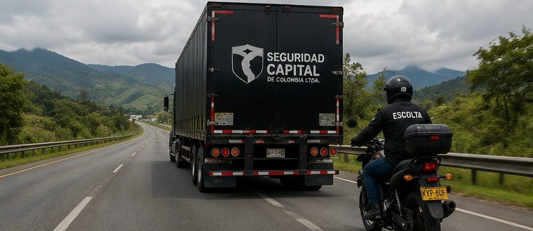 Tractomula marcada con el logotipo de Seguridad Capital, vista desde atrás, con escolta motorizado.