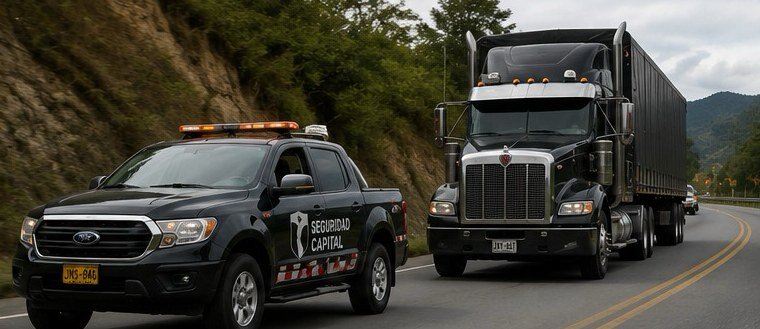 Camioneta de escolta de Seguridad Capital acompañando una tractomula en carretera.