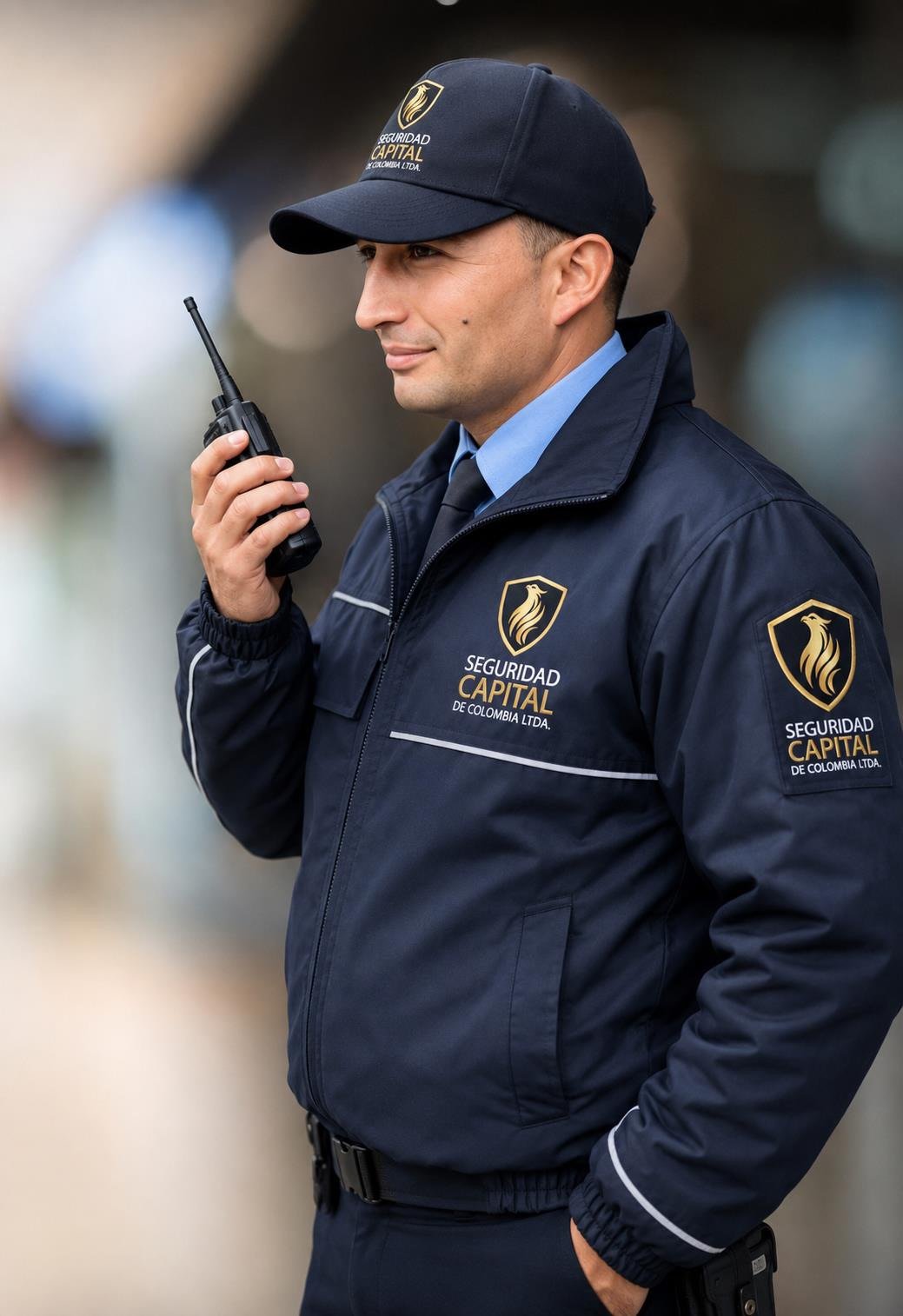 Guarda de seguridad reportando novedades por radio en su puesto de vigilancia.