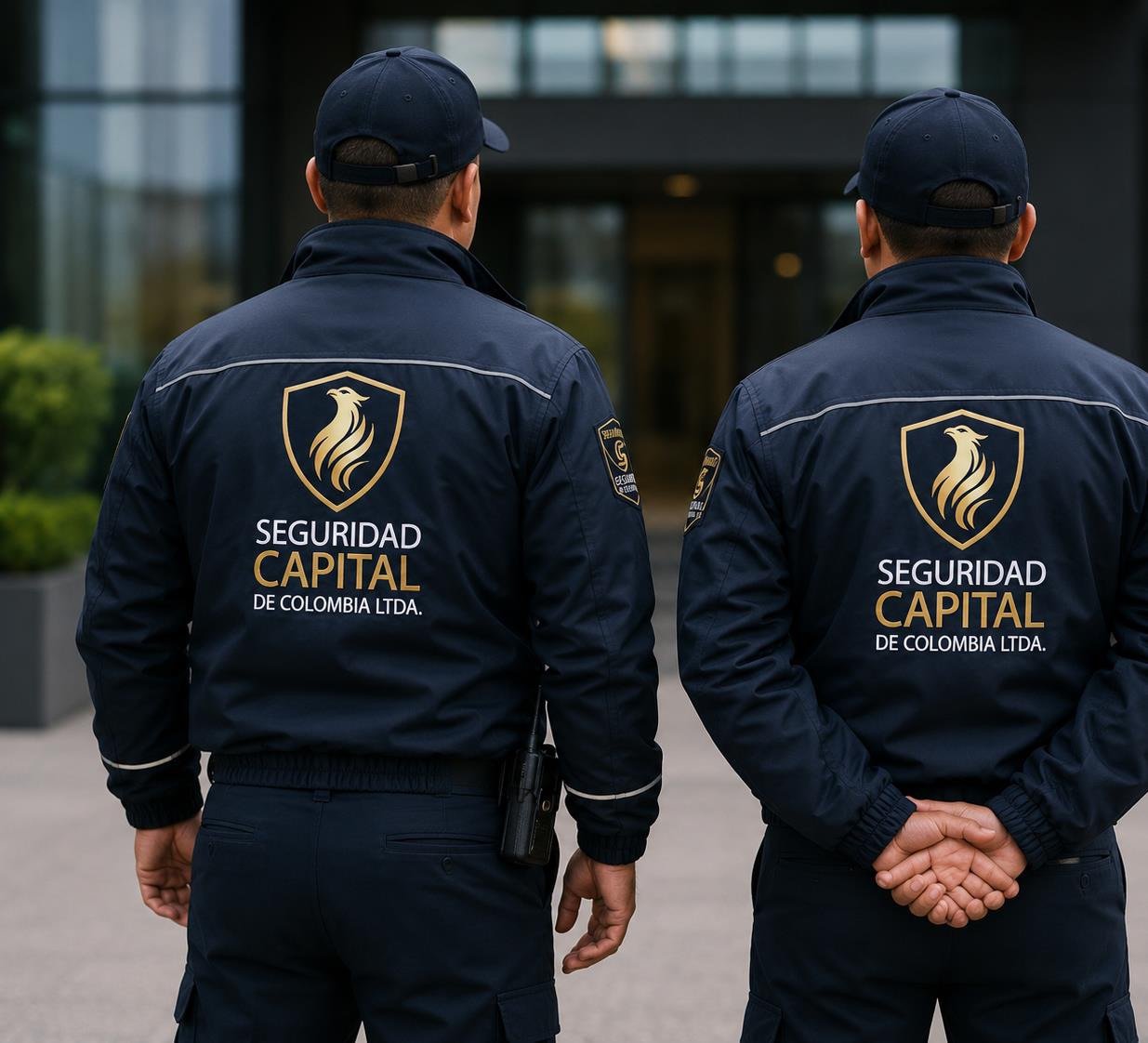 Dos escoltas uniformados de espaldas, en posición de vigilancia frente a un acceso.