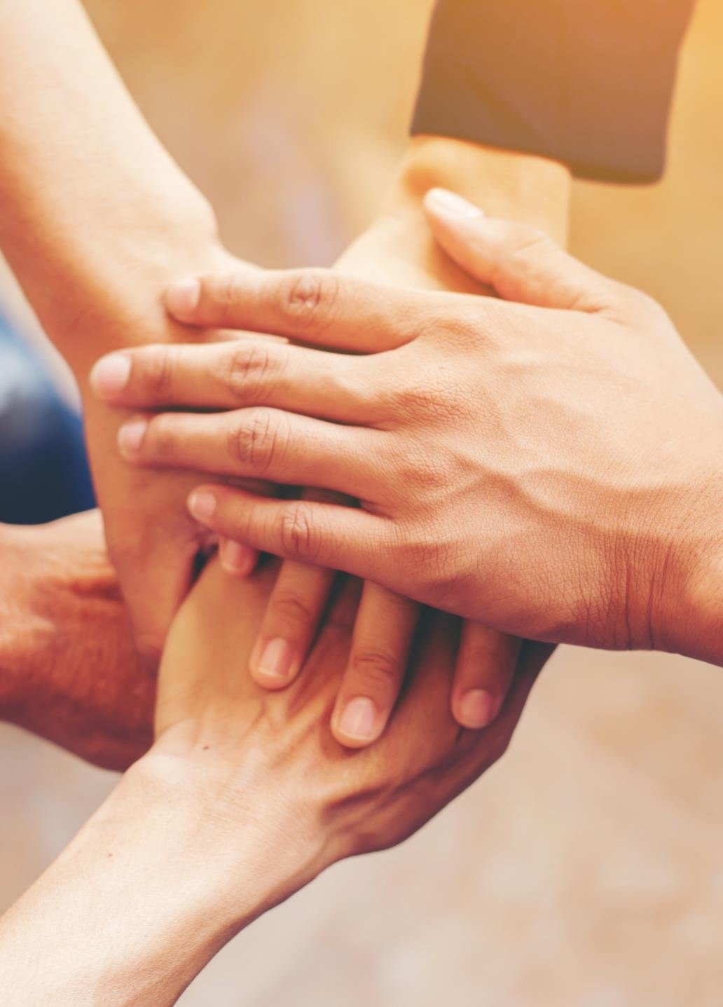Manos unidas del equipo de trabajo, símbolo del acompañamiento en consultoría.